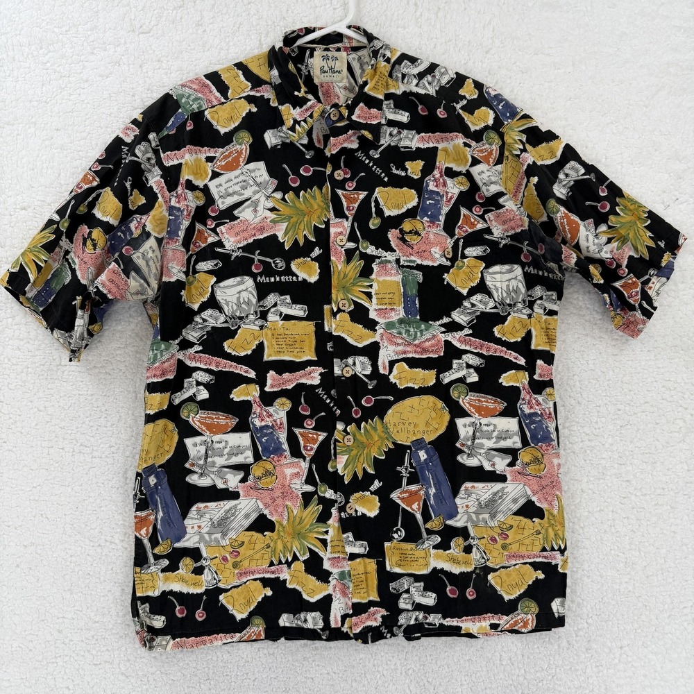 Pau Hana Shirt‎ Mens Medium Black Hawaiian Aloha Cocktail Print Button Up Casual